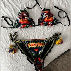 Agua Bendita bead print multicolor tassel bikini